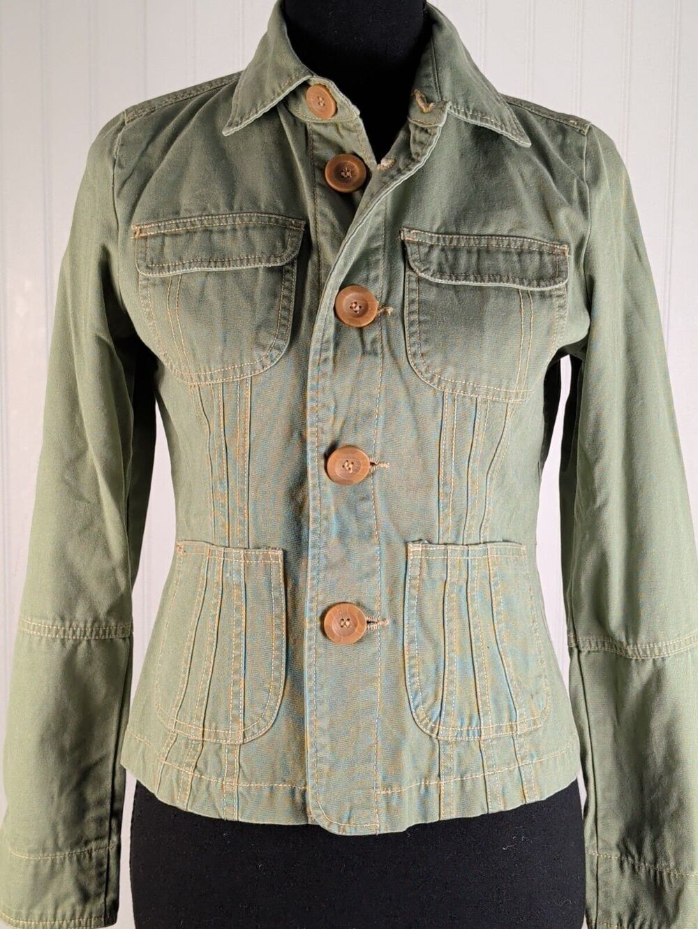 VTG Tulle Anthropologie Olive Green Utility Military Pleated Shacket Jacket PS